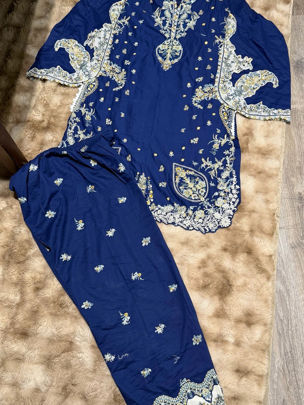 Women’s Navy Blue Embroidered Pajama Set Dress Pakistani brand new 3
piece